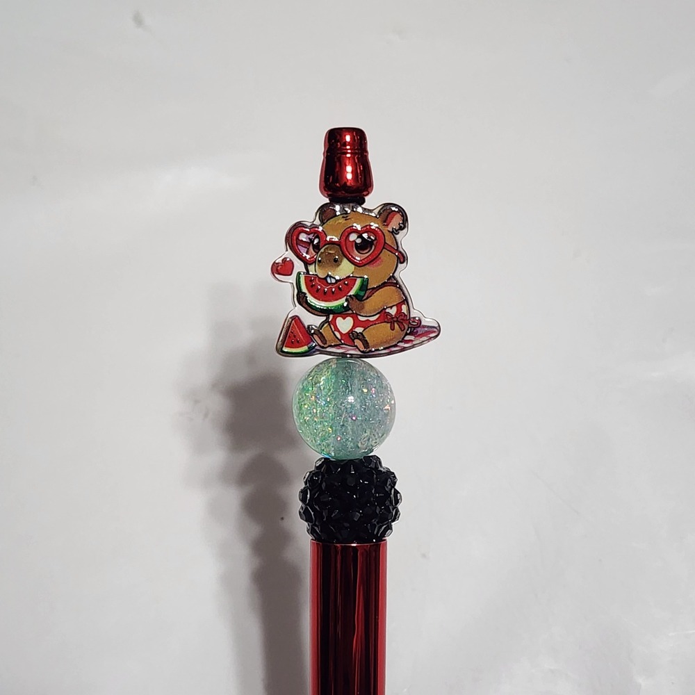Capybara Beaded Pen Black Ink Gift Refillable Stocking Stuffer Watermelon